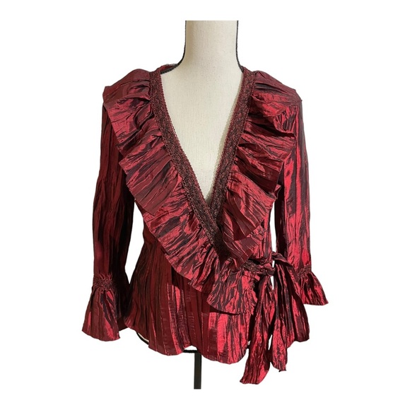 Jackie Jon New York womens blouse wrap wrinkle material red bell sleeves - Picture 3 of 13